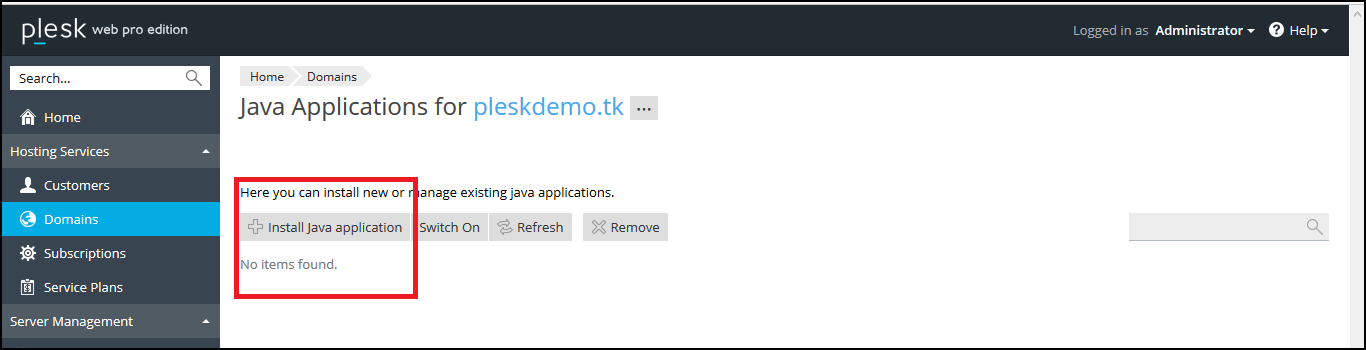 Install Java Application” to deploy WAR file