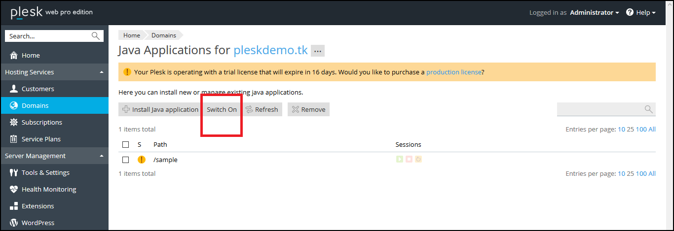 Install Java Application” to deploy WAR file